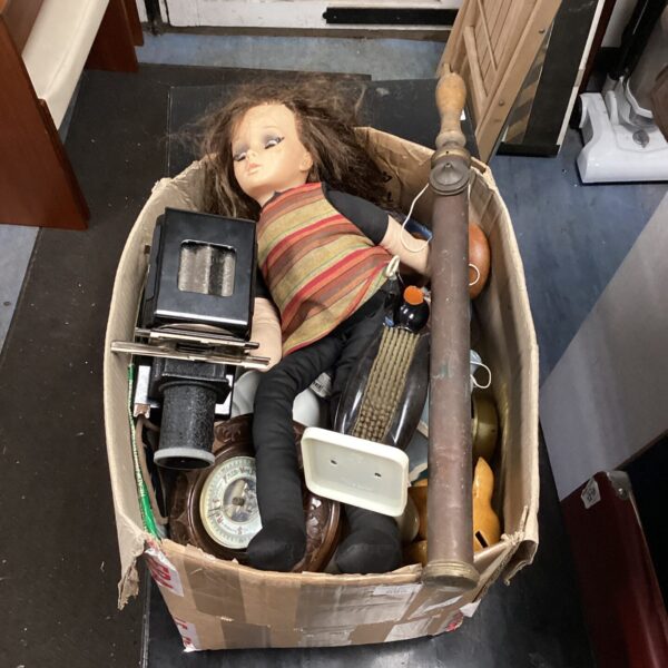 Vintage doll and mixed lot including barometer and brush.