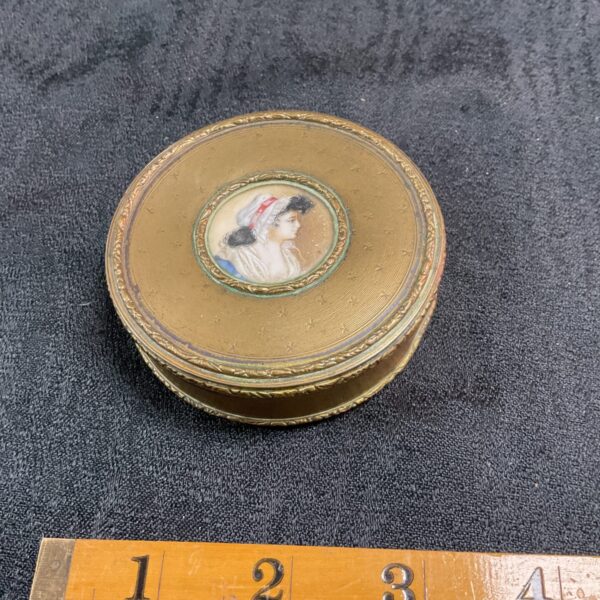 Vintage enamel trinket pot with hand painted lady portrait.