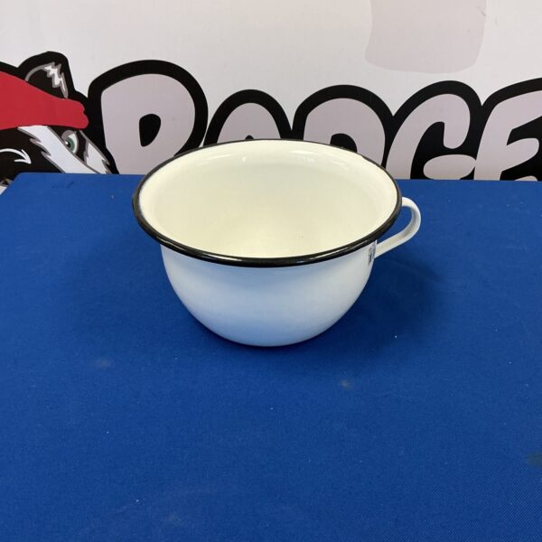 Vintage white enamelled chamber pot, antique bathroom collectible.