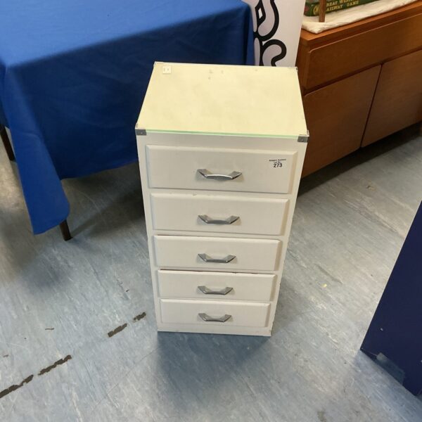 Vintage five drawer unit with a retro aesthetic.