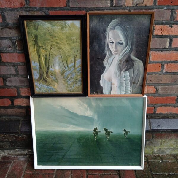 Vintage framed prints including Mario Bordi "Freedom of the Plains" artwork.