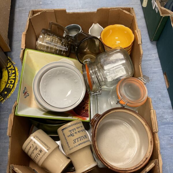 Vintage glass jar collection with Maille ceramic pieces.