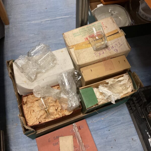 Vintage glassware lot with sherry glass and tumblers.