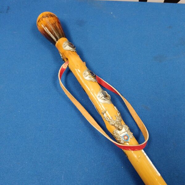 Close-up of vintage hiking stick with travel plaques.