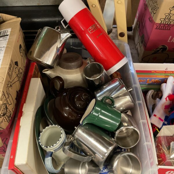 Vintage kitchenalia lot with milk jugs, teapot and red thermos flask.
