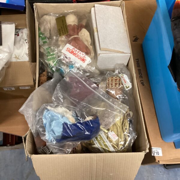 Vintage nativity set figurines in a cardboard box.