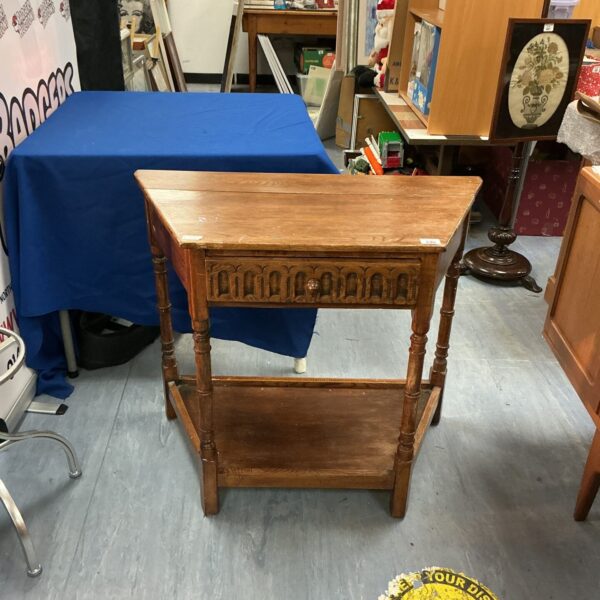 Vintage oak hall table with drawer and shelf for entryway.