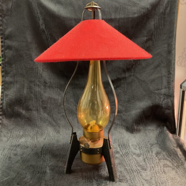 Vintage red shade oil lamp, 1960s retro lighting.