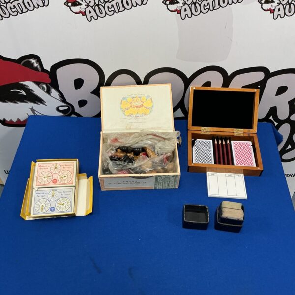 Vintage parlour games collection including Bridge and dominoes.