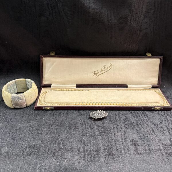 Vintage pearl necklace, stone bracelet, and brooch jewellery set.