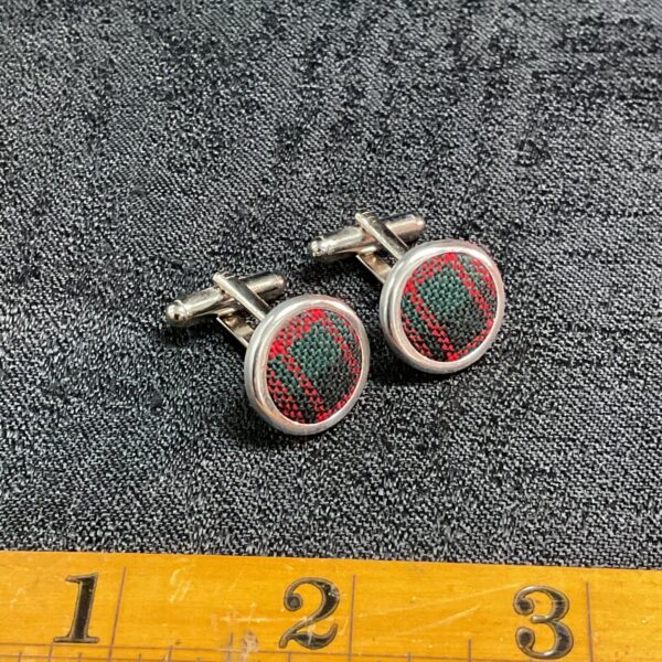 Vintage McDonald clan Scottish tartan cufflinks, detailed woven pattern.