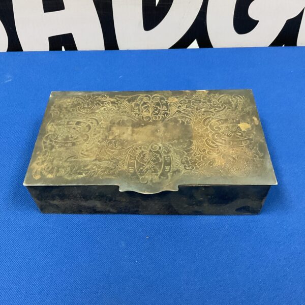 Intricate silver plate cigarette box by Viners of Sheffield.