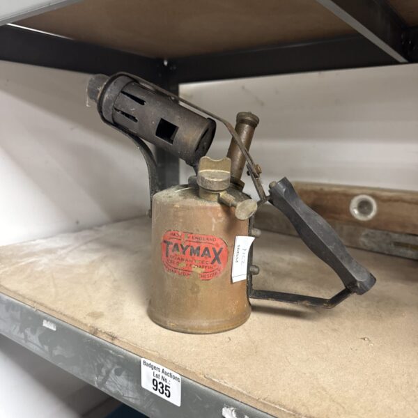 Vintage Taymax blowtorch with brass construction, a collectible workshop tool.