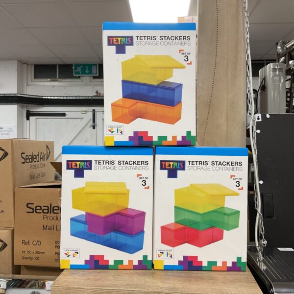 Vintage Tetris storage containers stacked, a nostalgic collectible.