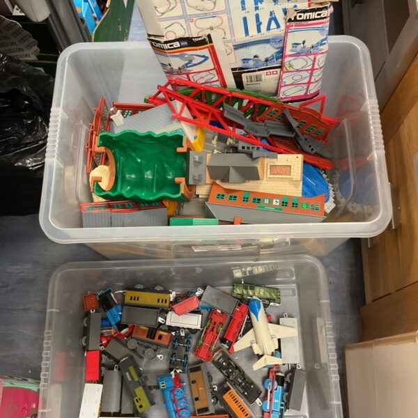Vintage Tomy Thomas the Tank Engine lot with vehicles and track.