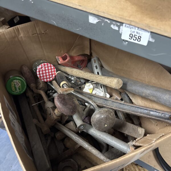 Vintage tool lot with wrenches, screwdrivers, and pliers.