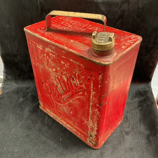 Vintage Valor Redline petrol can with Esso cap, front view.