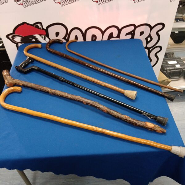 Lot of six vintage walking sticks displayed on a blue background.