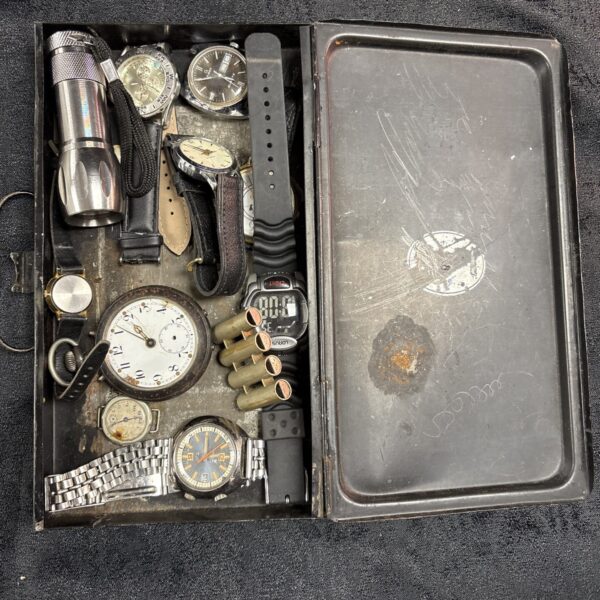 Vintage watch and curio lot with Timex and pocket watch.