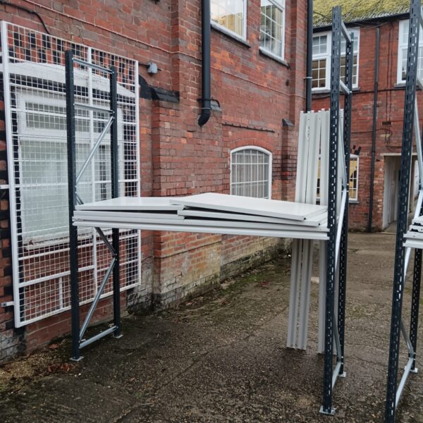 Heavy duty warehouse racking with metal shelving units.