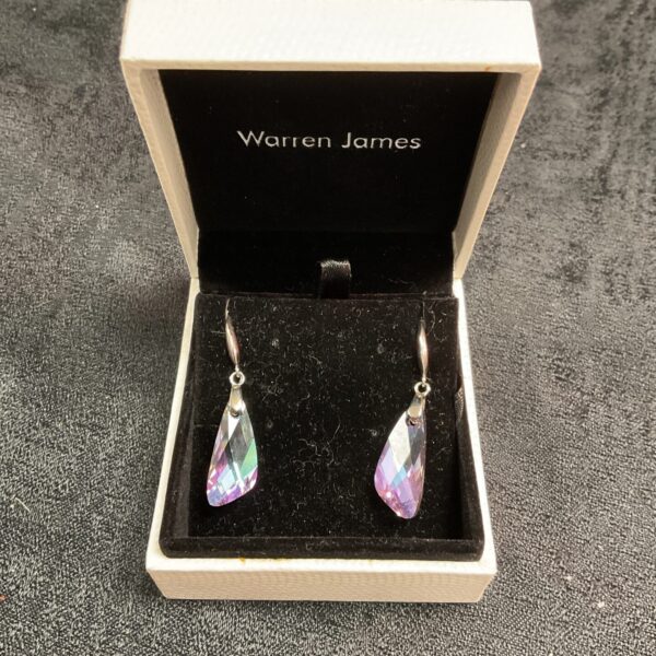 Warren James silver crystal earrings displayed in a presentation box.