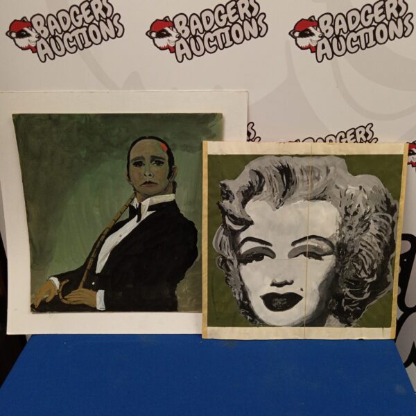 Vintage watercolour portraits of cabaret compair and Marilyn Monroe.