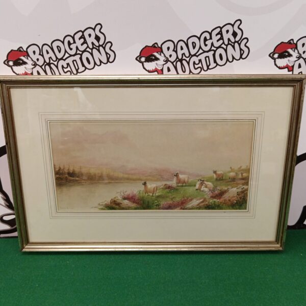 19th century watercolour painting of sheep by Loch Maree, Scotland.