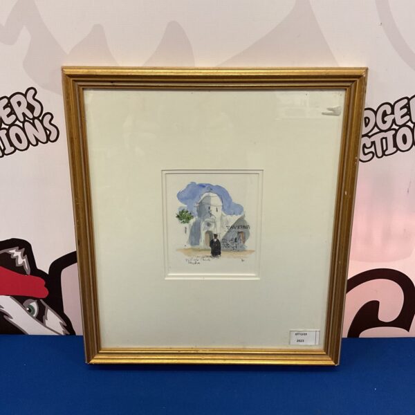 Signed watercolour painting of a village church and taverna.