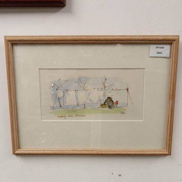 Vintage watercolour painting of a lady hanging washing on a line.