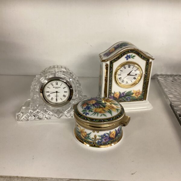 Waterford crystal clock with Staffordshire pottery base.