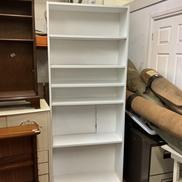 Tall white bookcase with multiple shelves for storage.