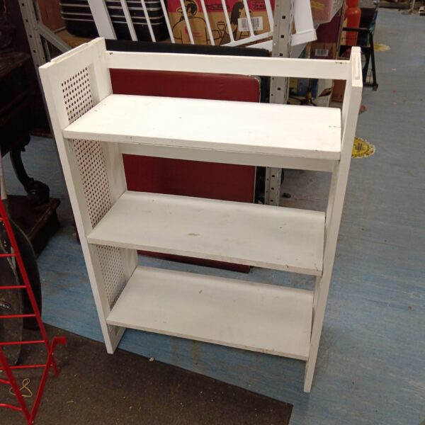White folding bookcase with a retro style, offering portable storage.
