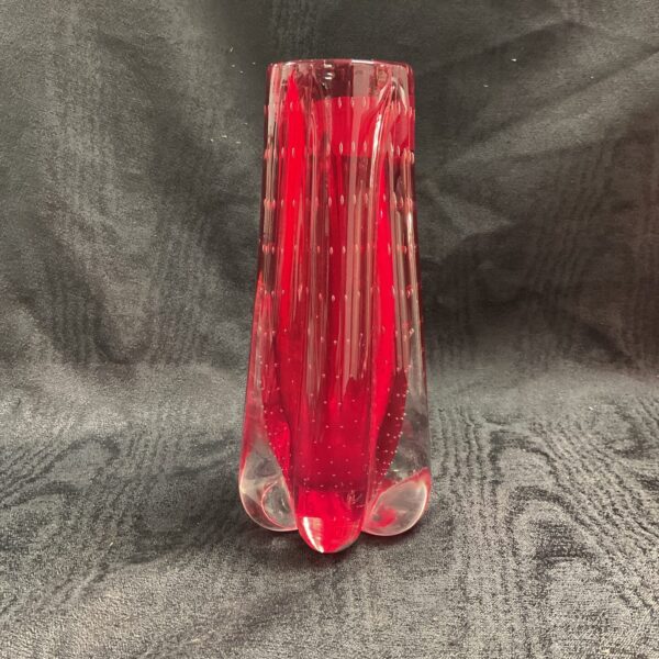 Vintage Whitefriars ruby red glass vase with controlled bubbles.