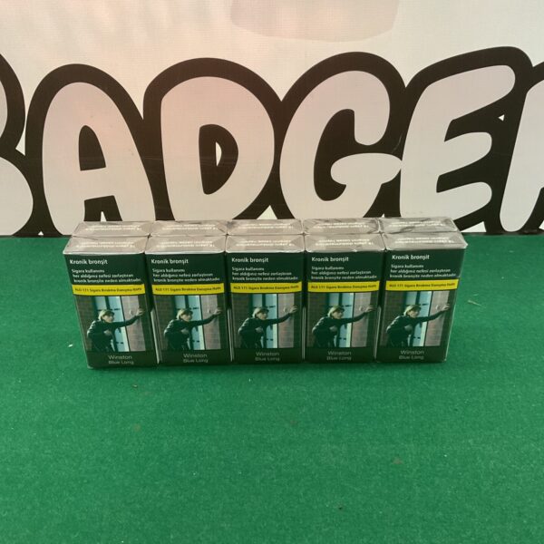 Ten unopened packs of Winston Blue Long cigarettes for collectors.