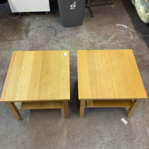 Two vintage wooden occasional tables with square tops.