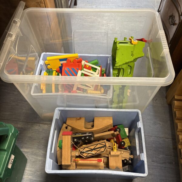 Large collection of wooden train tracks and rolling stock, including ELC pieces.