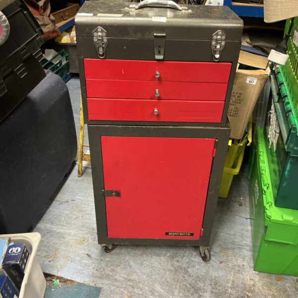 Red vintage Workmate tool chest with drawers.