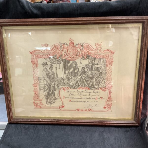 Original WW1 Honourable Discharge Certificate, a vintage military document.