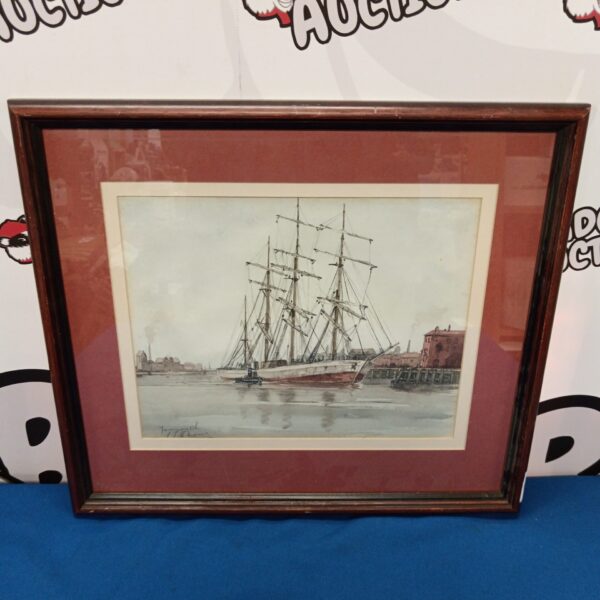 Watercolour painting of a tall ship in Yarmouth Harbour by L J Thorn.