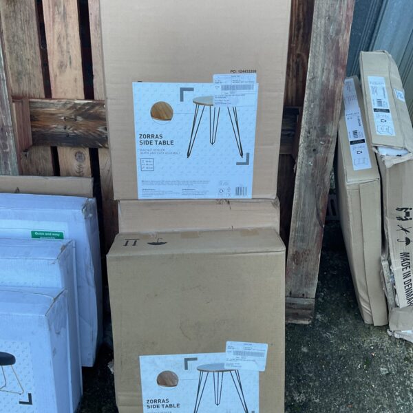 Three Zorras side tables with walnut veneer tops.