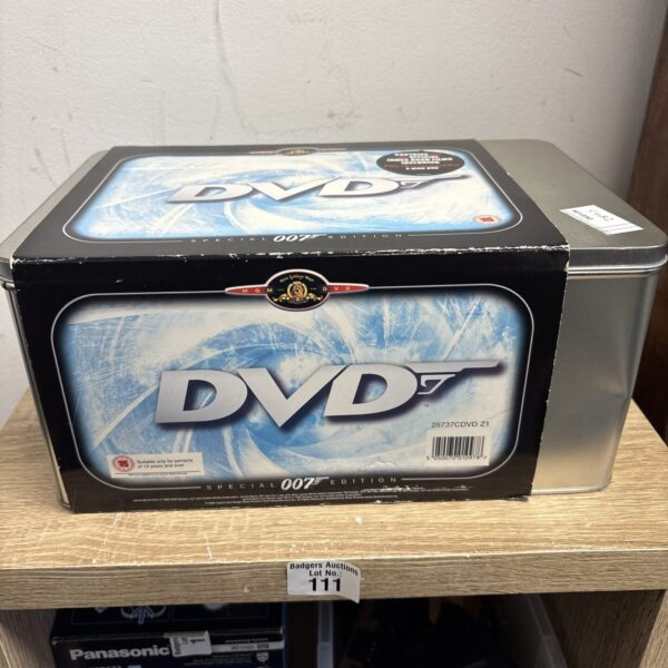 Collectible 007 DVD collection tin, James Bond film box set.