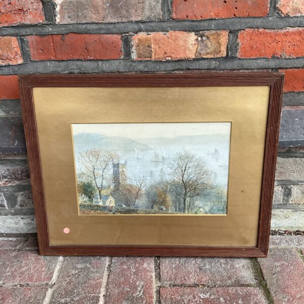 Antique 19th-century coastal watercolour painting with sailboats and church.