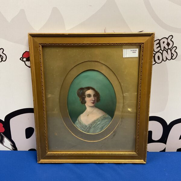 Antique 19th-century portrait painting of a young lady in a gilt frame.