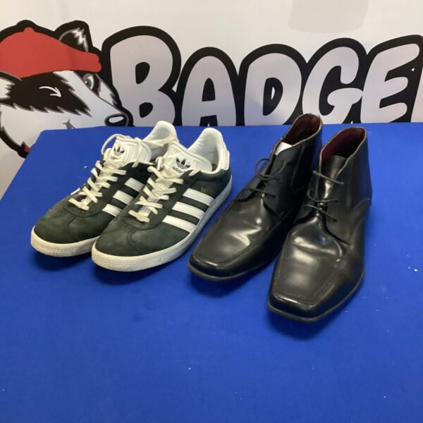 Adidas Gazelle trainers and black leather shoes in a lot.