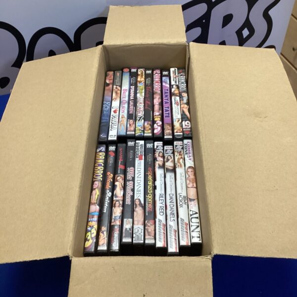 Box of adult DVDs including Bang Bros titles.
