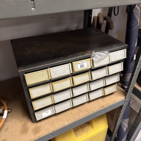 Used Akro-Mils organiser cabinet with multiple drawers for parts storage.