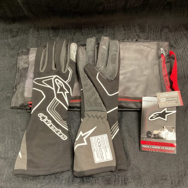 Alpinestars Tech 1 V3 racing gloves size L, FIA approved safety gear.