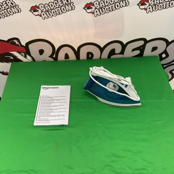 Side view of an Amazon Basics steam iron appliance.