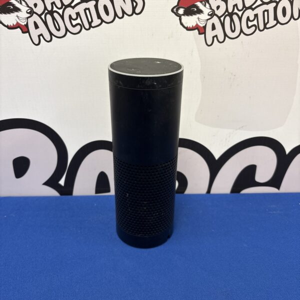 Black Amazon Echo 1st Generation smart speaker on a white background.