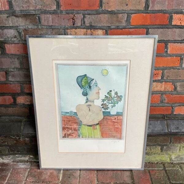 Vintage Anglo Indian etching of a woman with flowers, a unique collectible print.